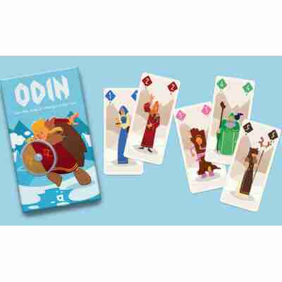 Cartes du jeu Odin disposées à côté de la boîte sur fond bleu