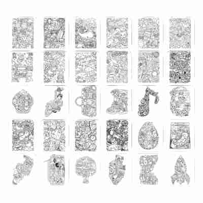 Ensemble des 30 illustrations à décalquer du Kidydraw Pad Meli-melo