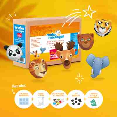 Magnets animaux panda, lion, ours, éléphant et cerf réalisés avec le coffret Mako moulages