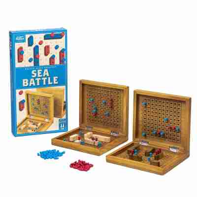 Jeu Sea Battle en bois avec coffret ouvert, deux plateaux et pions rouges et bleus