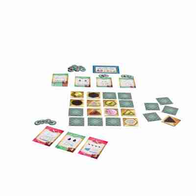 Contenu du jeu Chocolates avec cartes, jetons et chocolats disposés pour une partie
