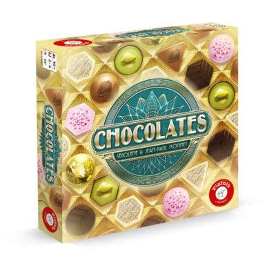 Boîte du jeu Chocolates de Piatnik avec assortiment de chocolats illustrés sur le coffret