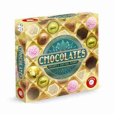 Boîte du jeu Chocolates de Piatnik avec assortiment de chocolats illustrés sur le coffret