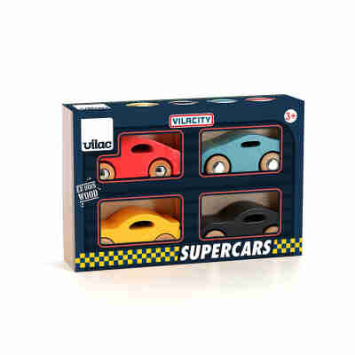 Boîte du coffret de 4 voitures en bois Super cars Vilac