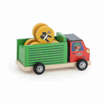 Petit camion en bois du jeu Récolte à la ferme Vilac avec les bottes de foin