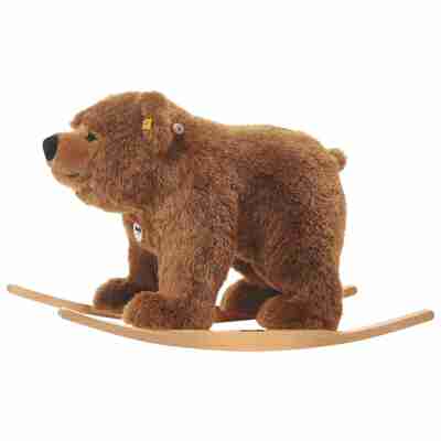 Ptit Loustic – Magasin de jeux et jouets à Saint-Étienne 15 Urs l'ours brun à bascule Steiff vu de profil sur son support en bois