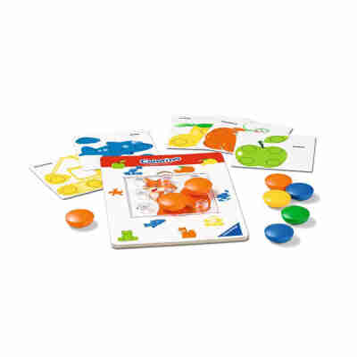 Ptit Loustic – Magasin de jeux et jouets à Saint-Étienne 10 Contenu de Colorino La petite imagerie avec support transparent, fiches illustrées et gros pions colorés