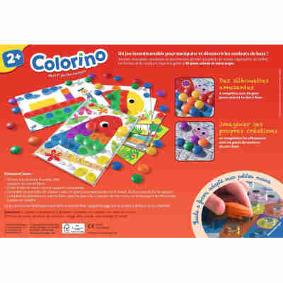 Dos de la boîte Colorino présentant les planches illustrées, les gros pions et le principe du jeu