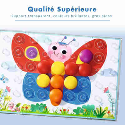 Ptit Loustic – Magasin de jeux et jouets à Saint-Étienne 12 Papillon Colorino complété avec de gros pions rouges, jaunes, orange et violet sur le support transparent