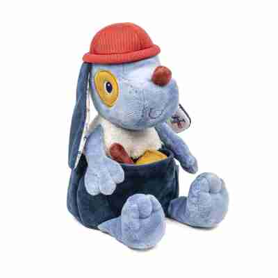 Ptit Loustic – Magasin de jeux et jouets à Saint-Étienne 12 Vue de face de la peluche chien bleu Jules le bricoleur Lilliputiens avec ses outils rangés dans la poche