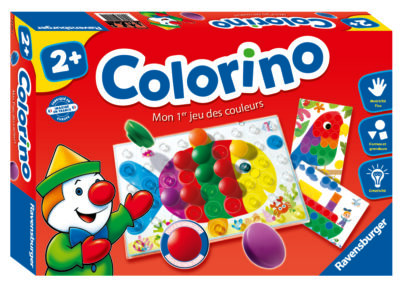 Boîte du jeu Colorino de Ravensburger avec support transparent et gros pions colorés