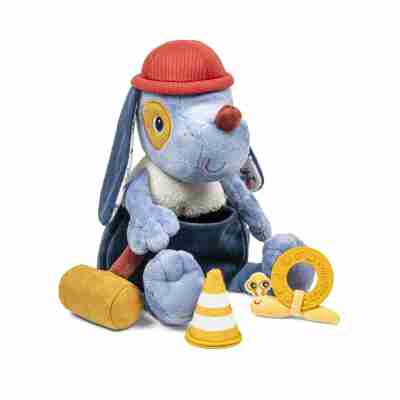 Ptit Loustic – Magasin de jeux et jouets à Saint-Étienne 11 Peluche d'activités Jules le chien bricoleur Lilliputiens entouré de ses trois accessoires d'éveil
