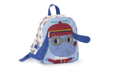 Deux enfants jouant avec le sac à dos Jules le chien aviateur Lilliputiens sur le dos