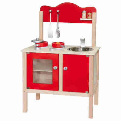 Cuisine rouge en bois New Classic Toys avec four, évier et accessoires