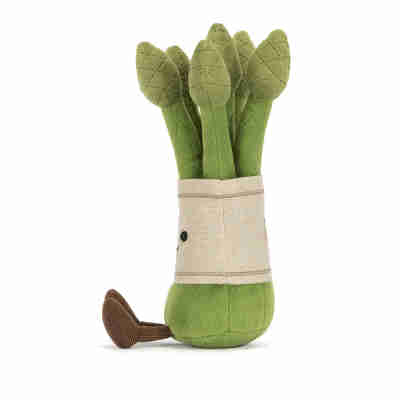 Amuseables Asparagus Jellycat vu de dos avec motif brodé sur son enveloppe beige