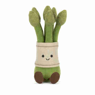 Amuseables Asparagus Jellycat vu de trois quarts avec longues tiges vertes et pointes détaillées