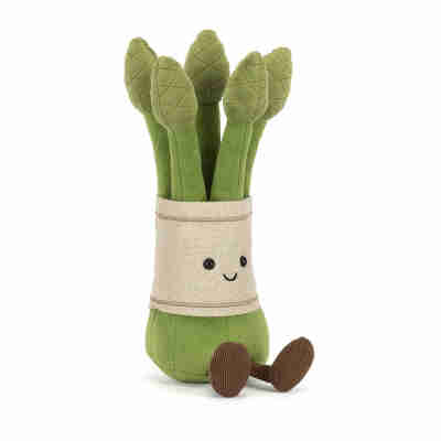 Détail des pointes vertes cousues de la peluche Amuseables Asparagus Jellycat
