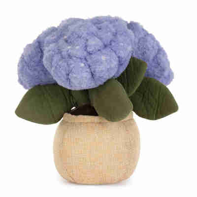 Amuseables Hydrangea Jellycat vu de dos avec grand bouquet bleu et pot beige texturé