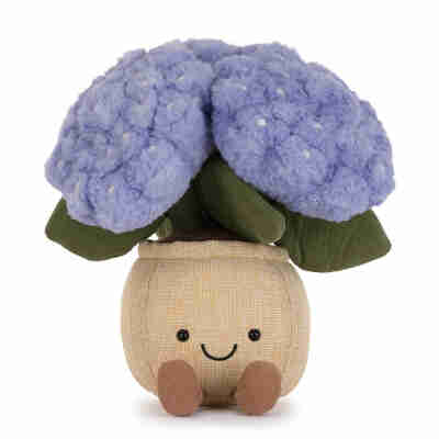 Peluche Amuseables Hydrangea Jellycat vue de face avec sourire et deux petits pieds bruns