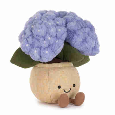 Amuseables Hydrangea Jellycat avec bouquet bleu lavande, feuilles vertes et pot beige souriant