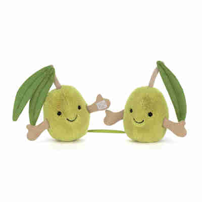 Deux olives Amuseables Jellycat reliées ensemble avec feuilles vertes et petits bras
