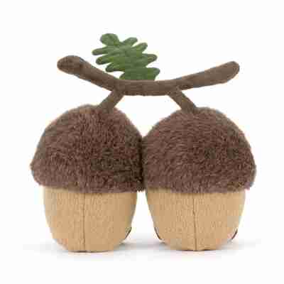 Duo de glands Ort et Tum Jellycat vu de dos avec chapeaux bruns et branche commune