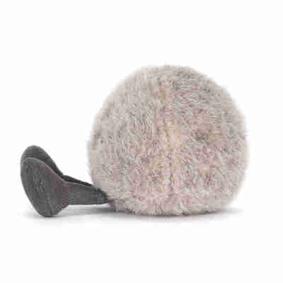 Amuseables Pebble Jellycat vu de profil avec corps rond gris beige et pieds en velours côtelé