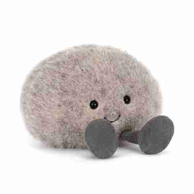 Amuseables Pebble Jellycat, peluche galet gris beige avec sourire et pieds gris foncé