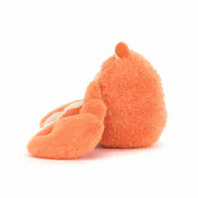 Pinchsnap Crab Jellycat vu de profil avec corps orange duveteux et grande pince