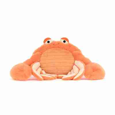 Peluche Pinchsnap Crab Jellycat vue de face avec grands yeux, pinces et pattes claires