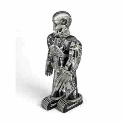 Robot rétro Robocop Protocol en métal vu de profil avec détails mécaniques