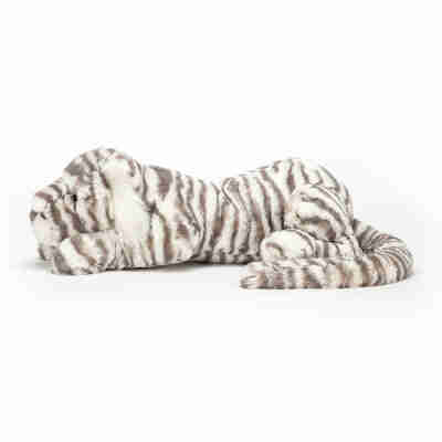 Ptit Loustic – Magasin de jeux et jouets à Saint-Étienne 8 Sacha Snow Tiger Jellycat vu de profil avec longue queue rayée