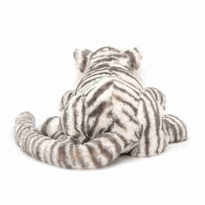 Peluche tigre blanc Sacha Snow Tiger Jellycat vue de dos avec queue rayée