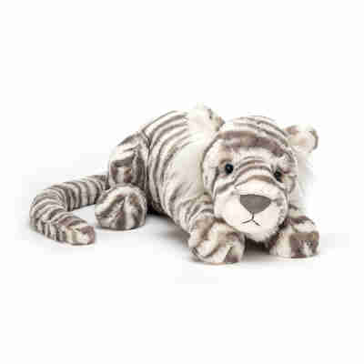 Ptit Loustic – Magasin de jeux et jouets à Saint-Étienne 7 Peluche Sacha Snow Tiger Jellycat allongée avec pelage crème rayé de gris