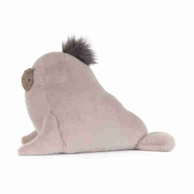 Roarwell Sea Lion Jellycat vu de profil avec corps arrondi, nageoires et houppette grise