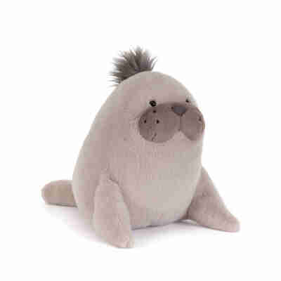 Roarwell Sea Lion Jellycat, peluche lion de mer grise avec museau taupe et houppette