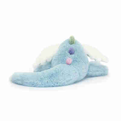 Sky Dragon Jellycat vu de dos avec ailes blanches et écailles pastel colorées
