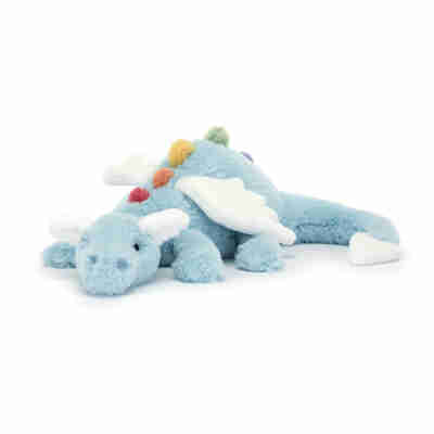 Peluche Sky Dragon Jellycat bleu ciel avec ailes blanches et écailles multicolores