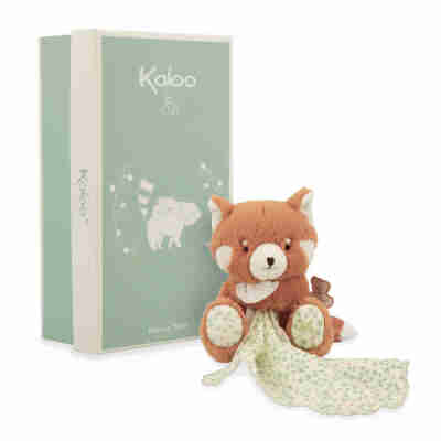 Doudou lange panda roux Kaloo présenté avec sa boîte cadeau