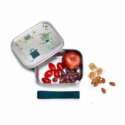 Boîte à déjeuner Magic Joe ouverte avec pomme, tomates, raisins et fruits secs