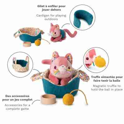 Jeanne le chat avec panier, gilet, gamelle et pelote de laine