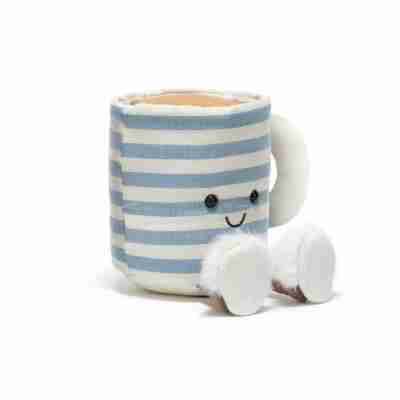 Amuseables Rosie Lea Jellycat, tasse à thé rayée bleu et crème avec petits pieds blancs