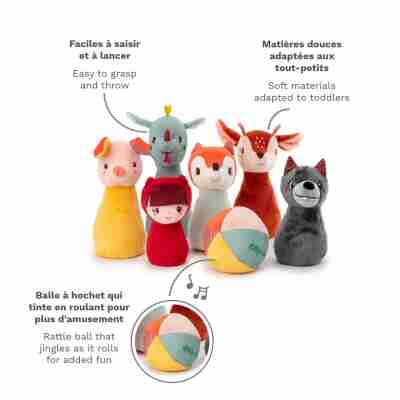 Jeu de quilles Lilliputiens avec balle sonore à hochet et quilles souples