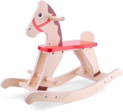 Cheval à bascule en bois naturel New Classic Toys avec assise rouge