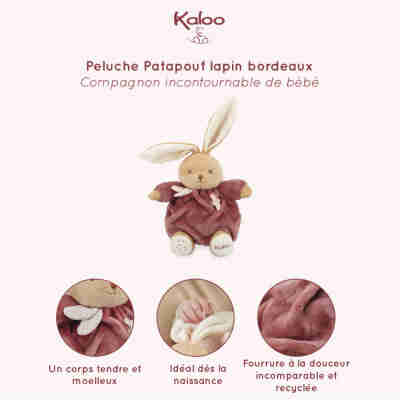 Présentation du lapin Patapouf Bordeaux Kaloo avec détails sur son corps moelleux et sa matière recyclée