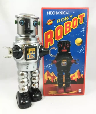 Robot argenté Mechanical Roby Robot MS640 avec sa boîte rétro