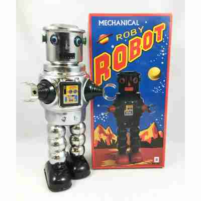 Robot argenté Mechanical Roby Robot MS640 avec sa boîte rétro