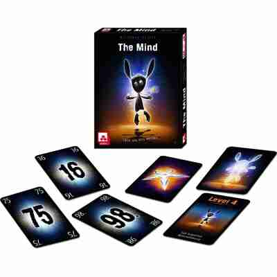 Contenu du jeu The Mind avec boîte et différentes cartes de jeu