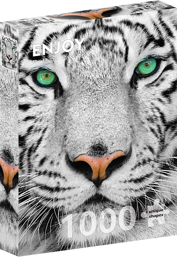 Puzzle Enjoy – White Siberian Tiger – 1000 pièces 1 Boîte du puzzle White Siberian Tiger Enjoy de 1000 pièces avec portrait de tigre blanc aux yeux verts