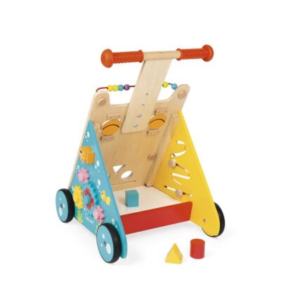 Vue arrière du Chariot Multi-Activités Chat Janod avec jeux latéraux et formes